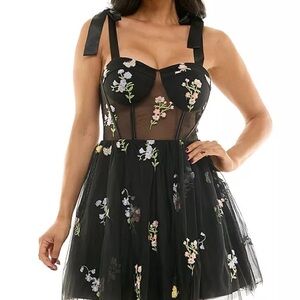 City Studio Black Mesh Dress with Pastel Floral Detail